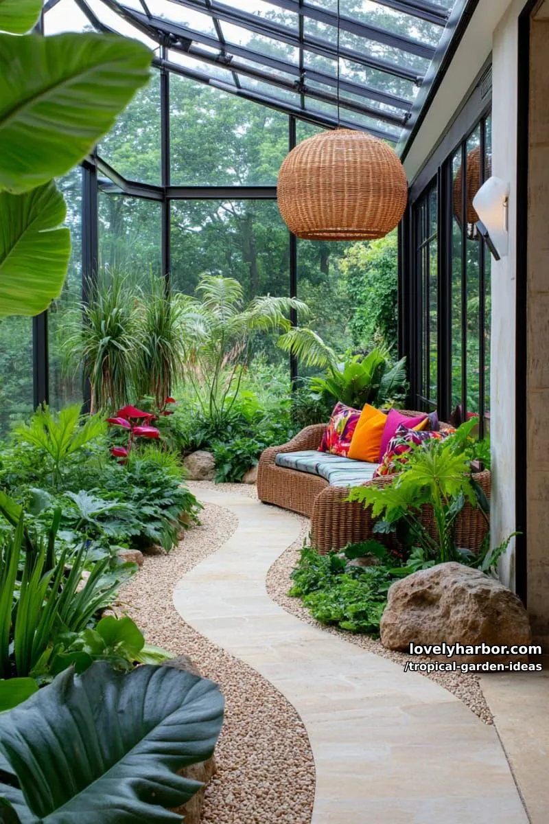 indoor tropical garden with winding pebble path and dense greenery. 1
