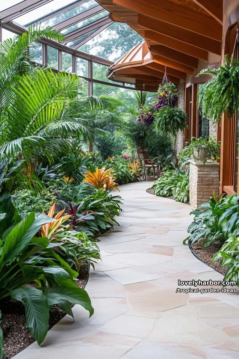indoor tropical garden with winding pebble path and dense greenery. 1