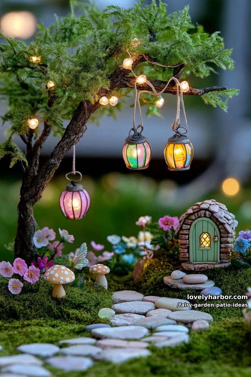install a magical nighttime fairy scene with glowing lanterns and fairy dust. 1