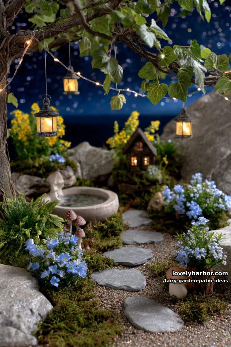 install a magical nighttime fairy scene with glowing lanterns and fairy dust. 1