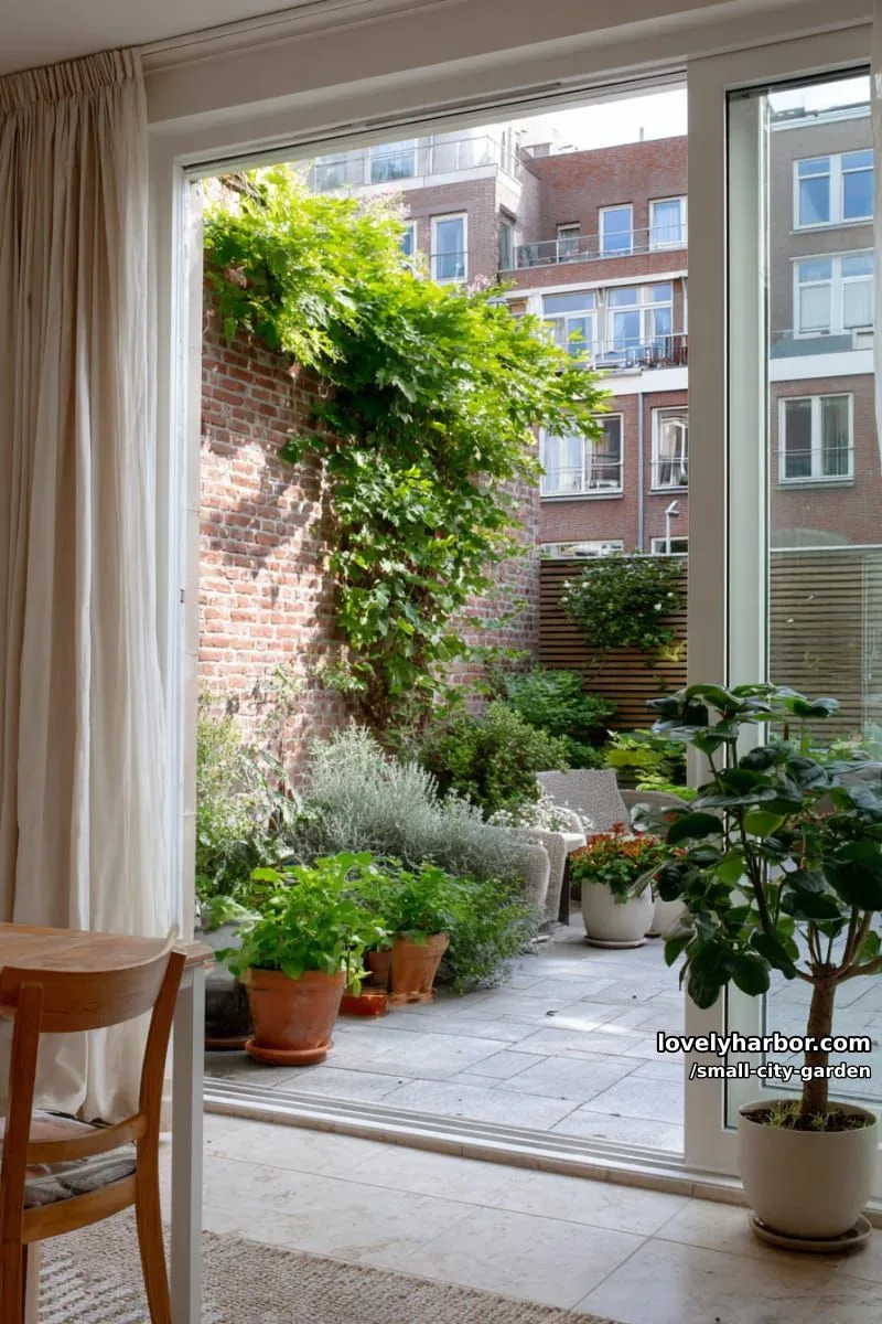 20 Small City Garden To Transform Your Space 42 interior with sliding doors to patio, potted plants, wooden fence, and brick wall. 1