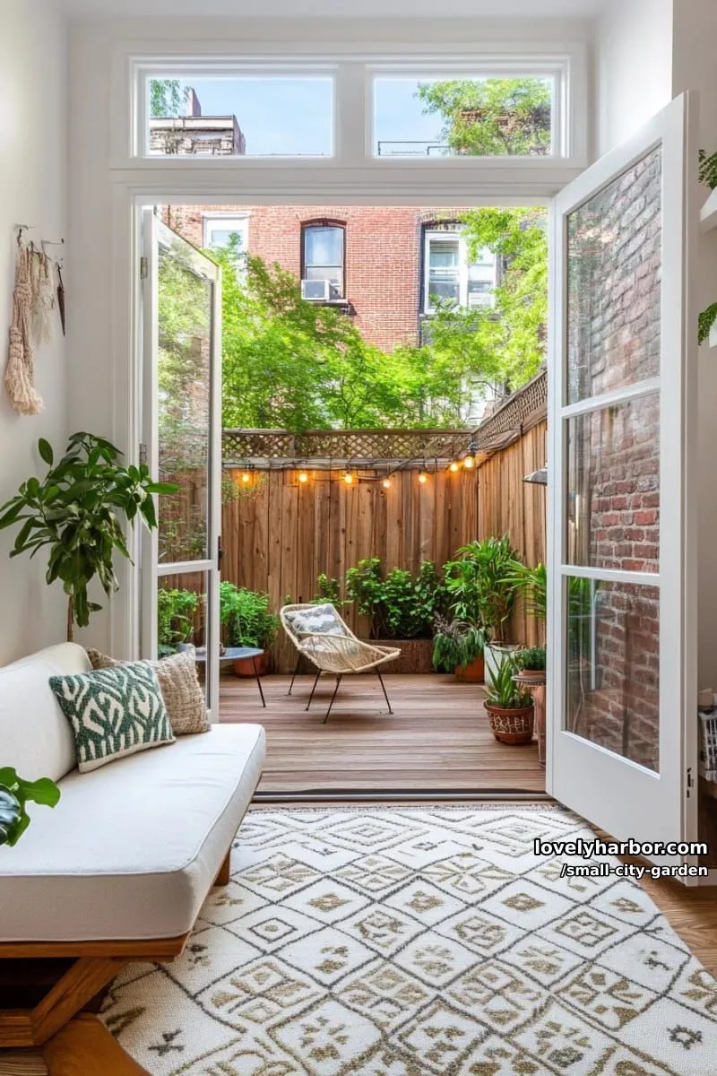 20 Small City Garden To Transform Your Space 43 interior with sliding doors to patio, potted plants, wooden fence, and brick wall. 1