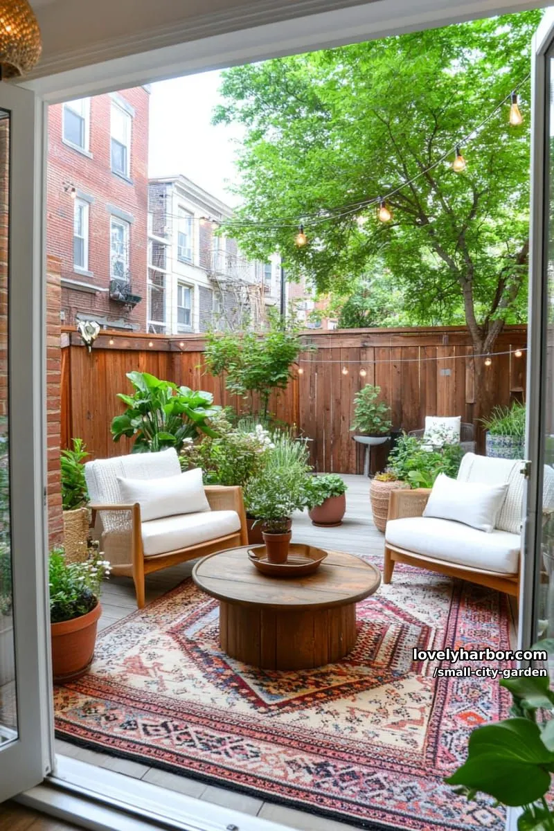 20 Small City Garden To Transform Your Space 44 interior with sliding doors to patio, potted plants, wooden fence, and brick wall. 1