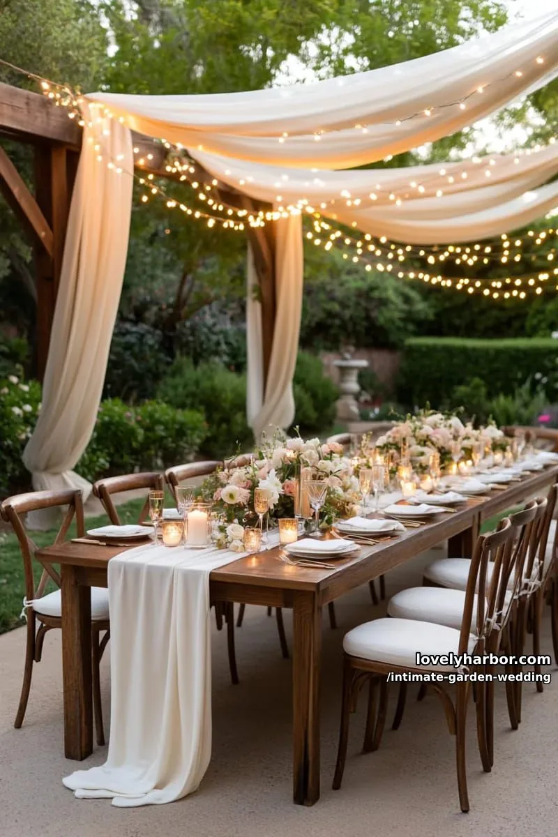 intimate dinner under a canopy of twinkle string lights and draped fabric 1