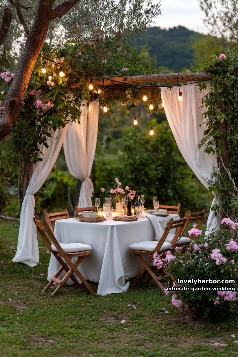 intimate dinner under a canopy of twinkle string lights and draped fabric 1