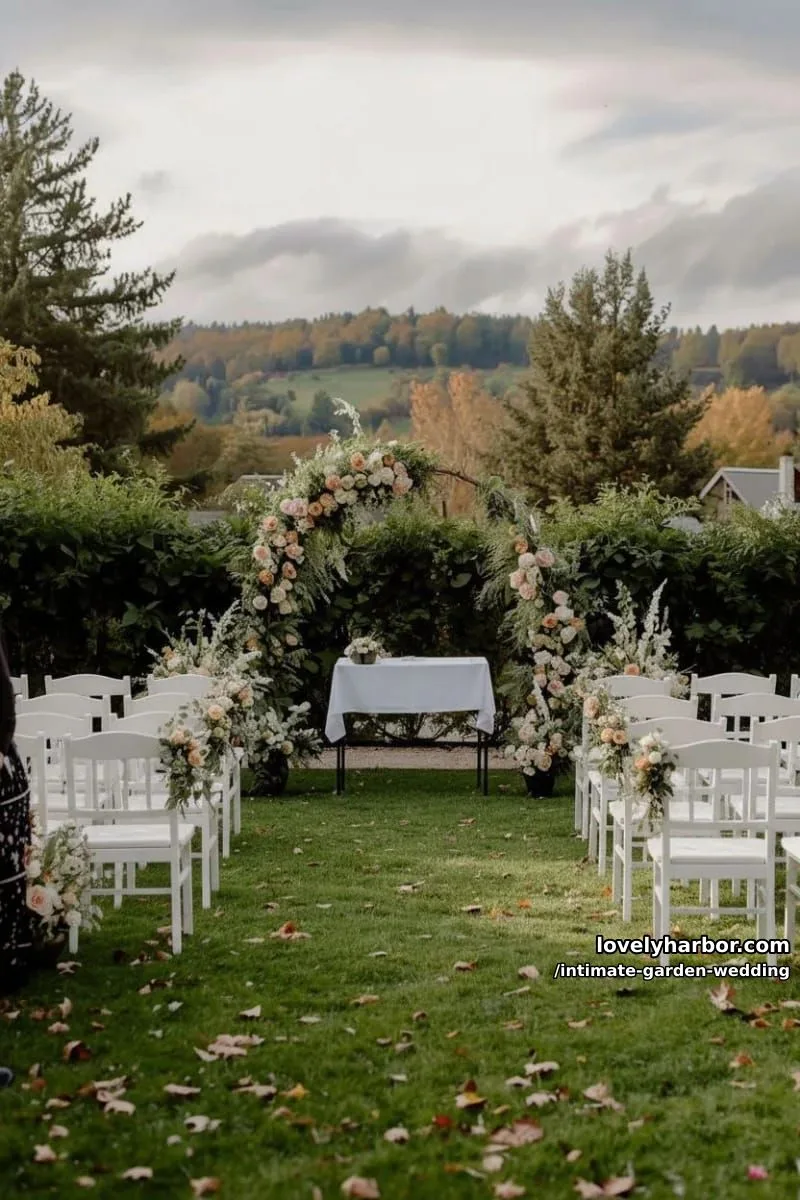 intimate outdoor ceremony, beige chairs, floral altar, autumn leaves, rolling hills 1