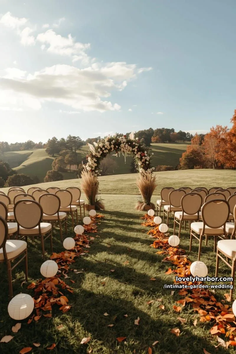 intimate outdoor ceremony, beige chairs, floral altar, autumn leaves, rolling hills 1