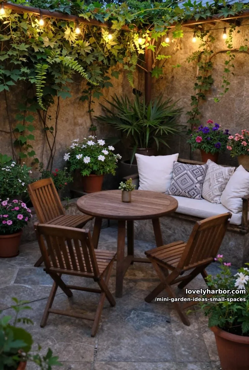 20 Mini Garden Ideas For Small Spaces 7 intimate patio with wooden table, vine-covered walls, and string lights. 1