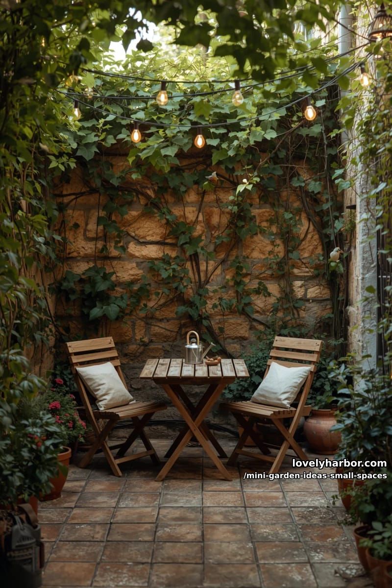 intimate patio with wooden table, vine-covered walls, and string lights. 1