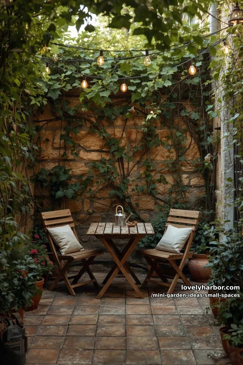 20 Mini Garden Ideas For Small Spaces 8 intimate patio with wooden table, vine-covered walls, and string lights. 1