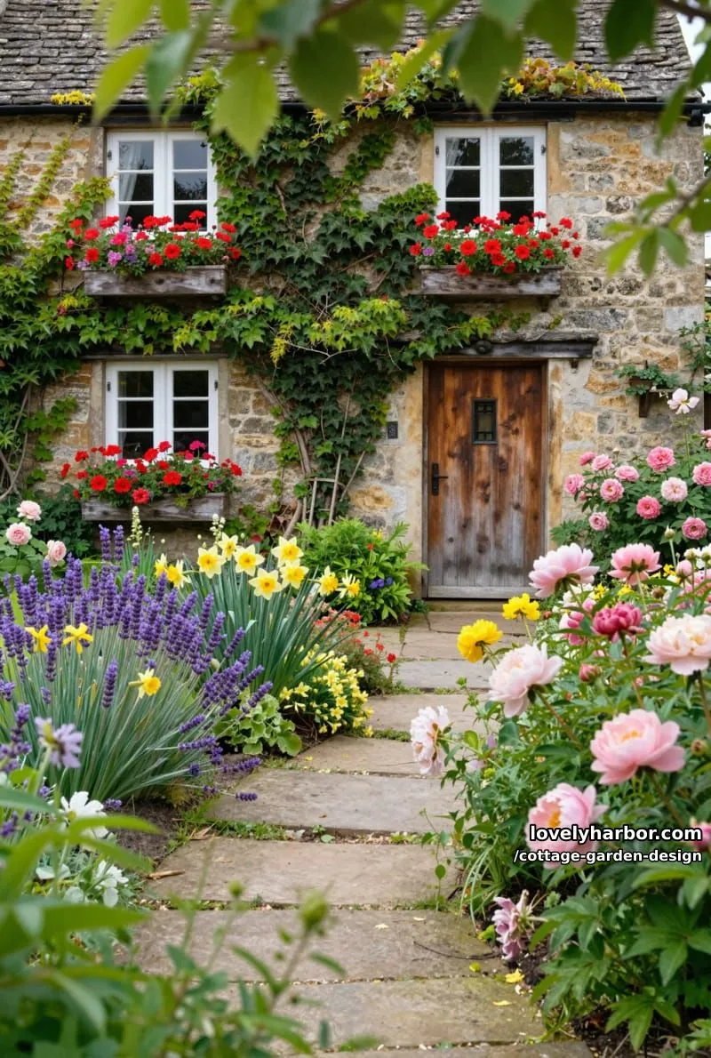 ivy-covered stone cottage with vibrant flower beds and a winding path 1