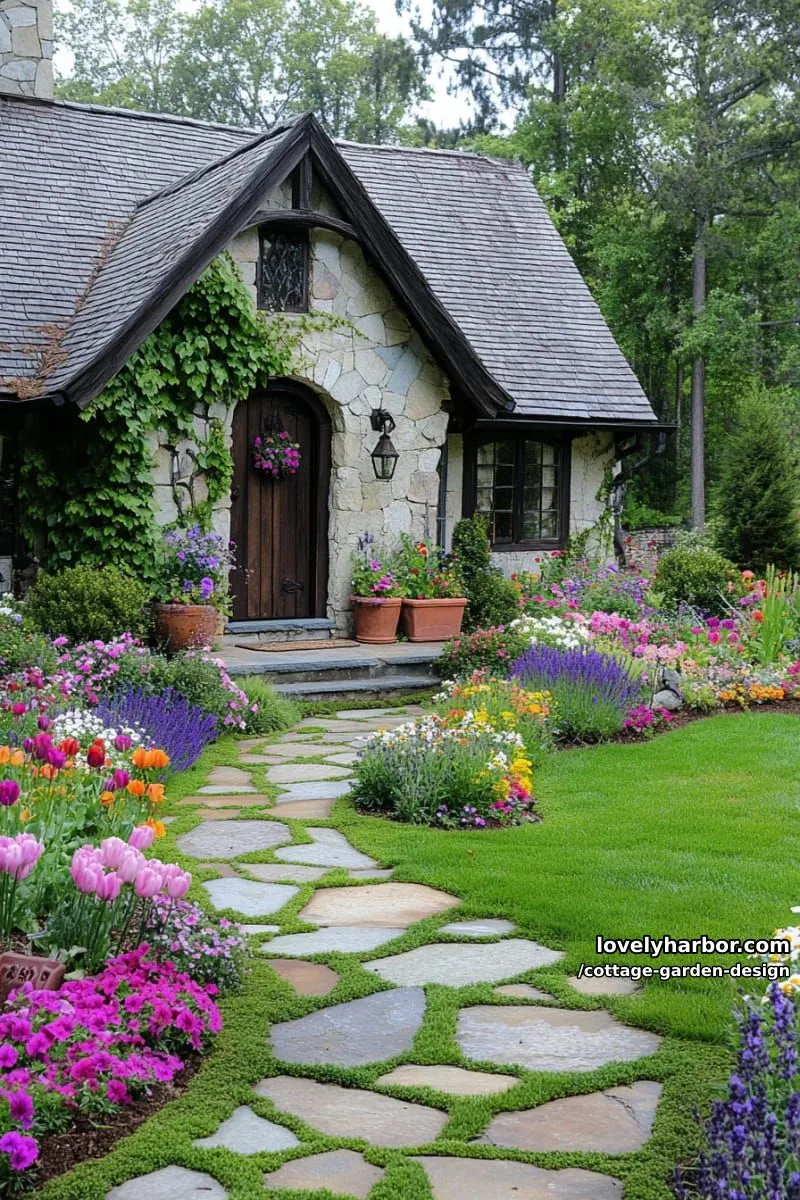 ivy-covered stone cottage with vibrant flower beds and a winding path 1