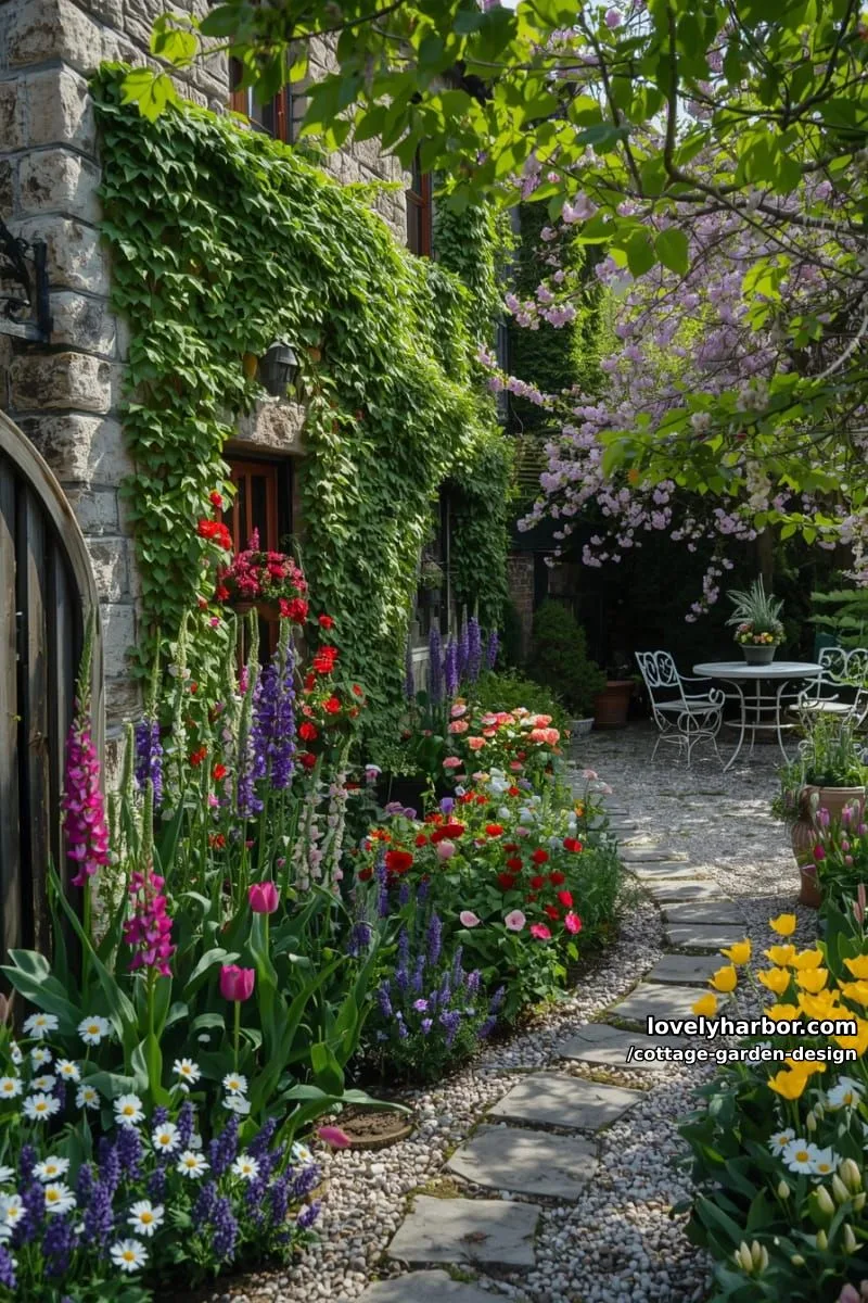 ivy-covered stone cottage with vibrant flower beds and a winding path 1