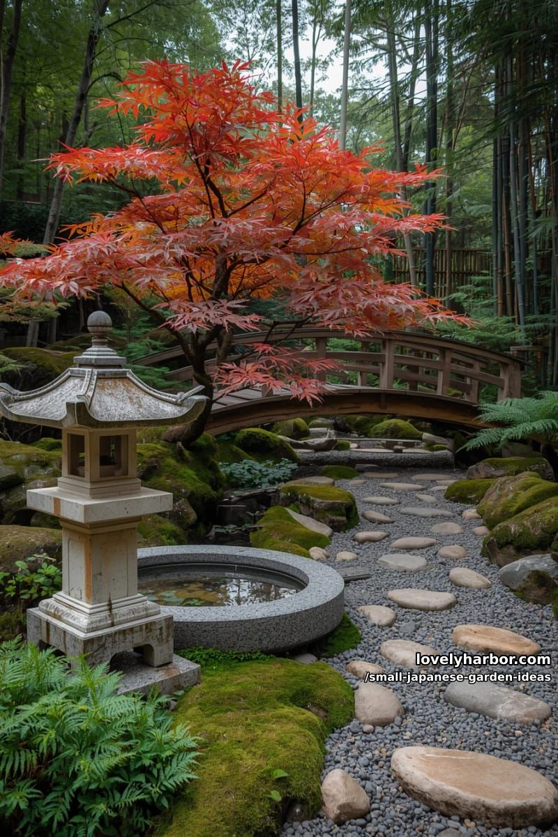japanese garden scene: stone lantern, maple, water basin, bridge, and pathways. 1