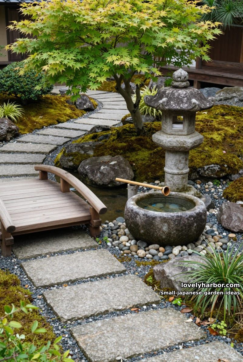 japanese garden scene: stone lantern, maple, water basin, bridge, and pathways. 1