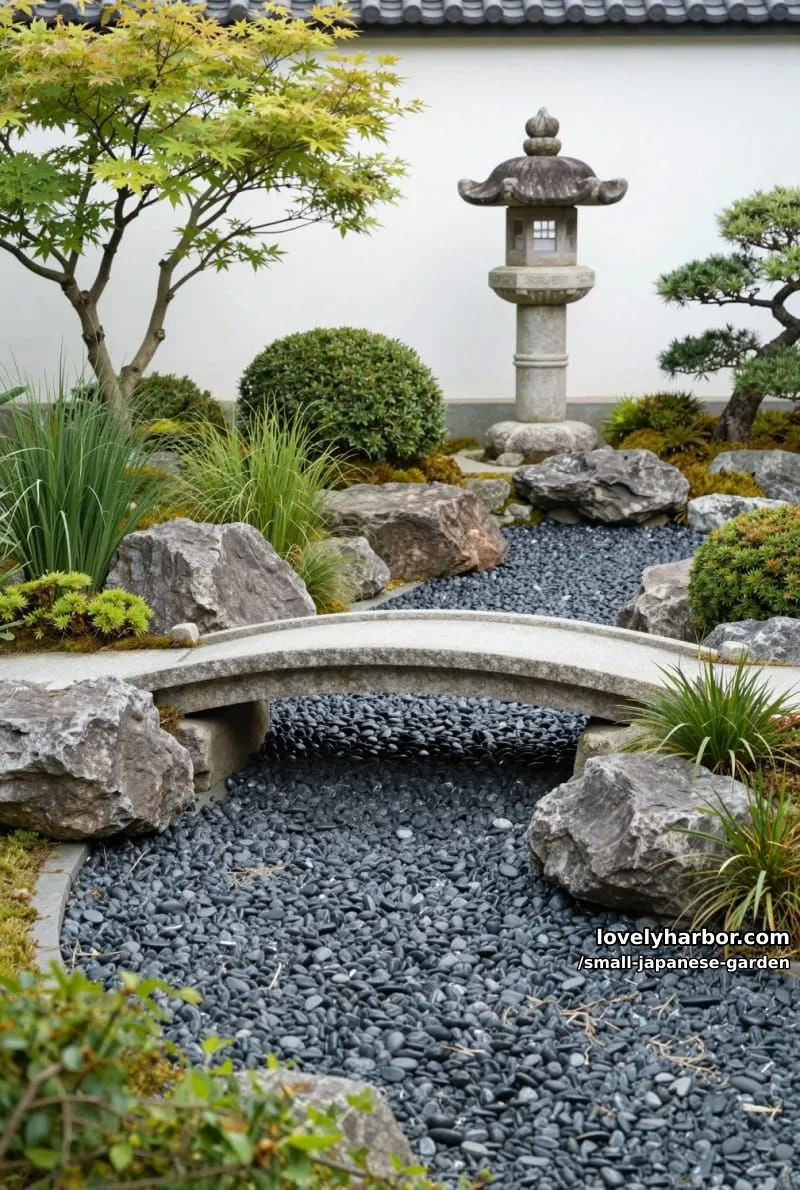 20 Small Japanese Garden Designs That Feel Like A Zen Retreat 12 japanese garden with curved stone bridge, dry riverbed, and stone lantern 1