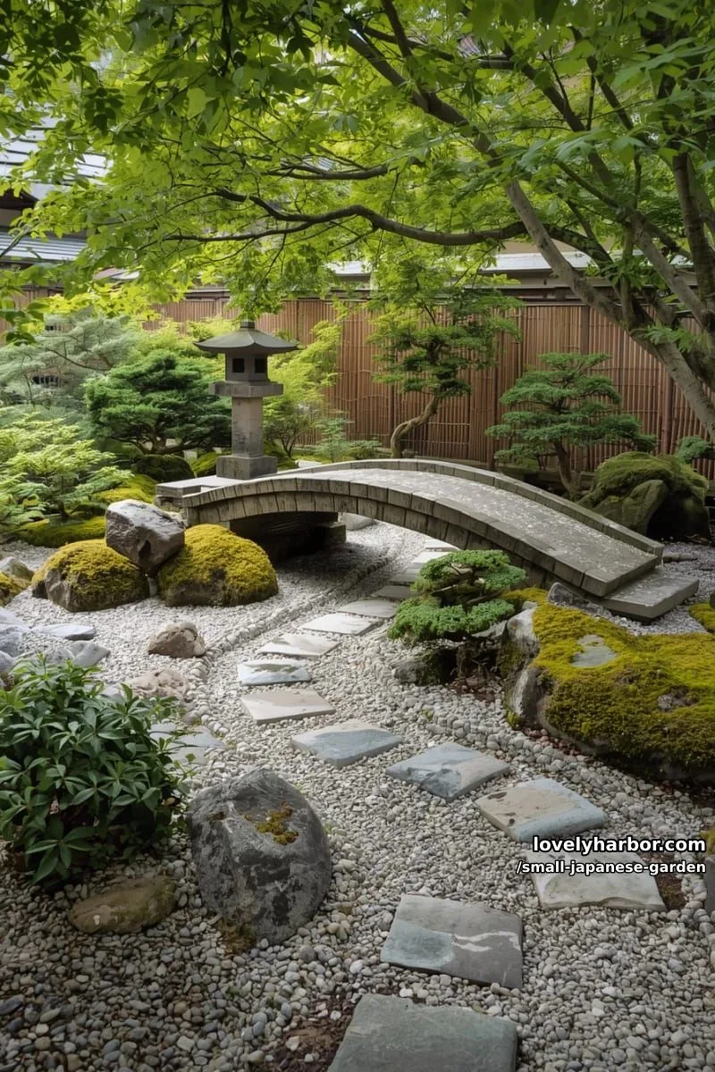 20 Small Japanese Garden Designs That Feel Like A Zen Retreat 13 japanese garden with curved stone bridge, dry riverbed, and stone lantern 1