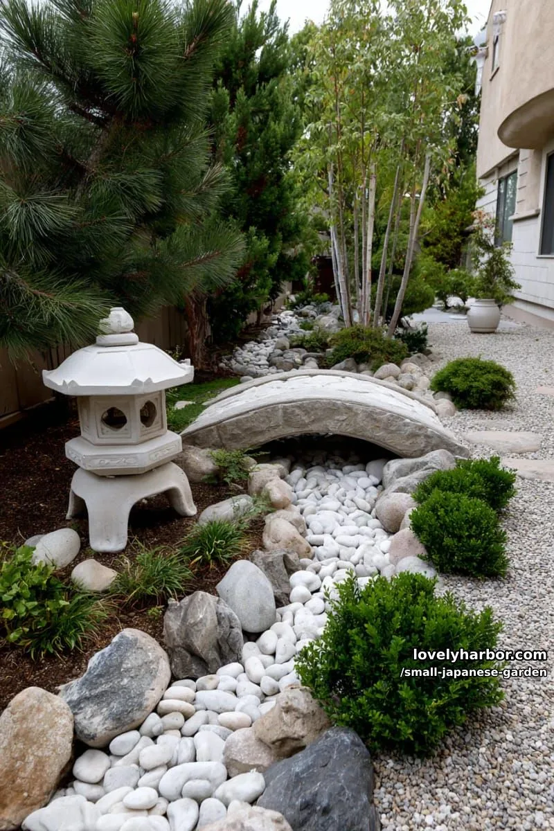 20 Small Japanese Garden Designs That Feel Like A Zen Retreat 14 japanese garden with curved stone bridge, dry riverbed, and stone lantern 1