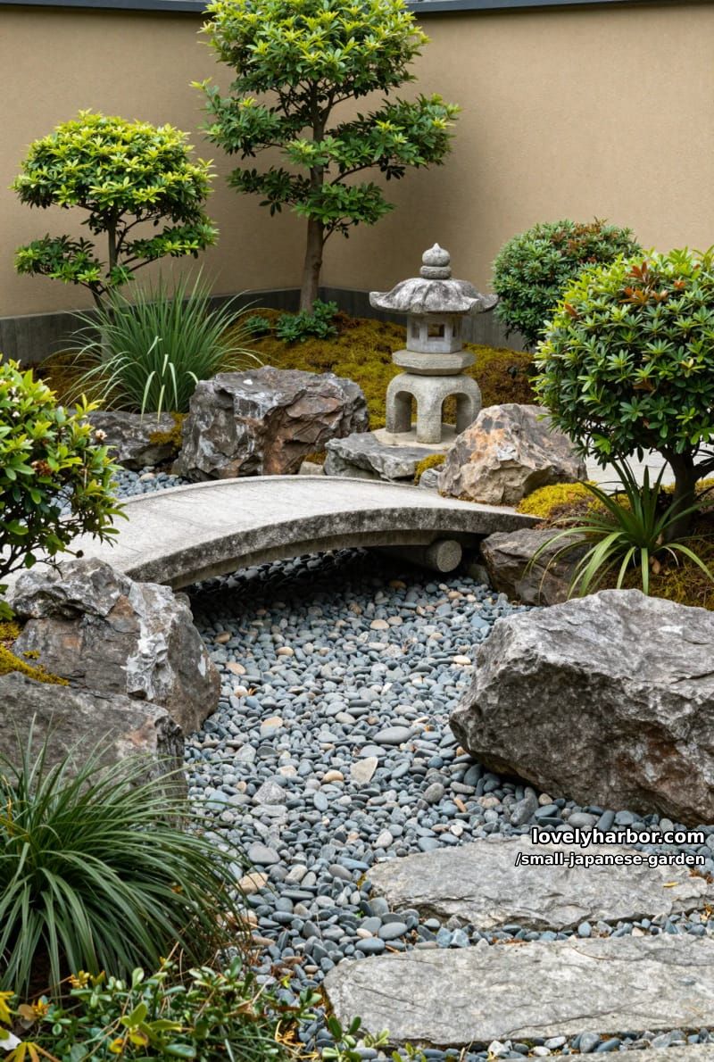 japanese garden with curved stone bridge, dry stream, and beige wall 1