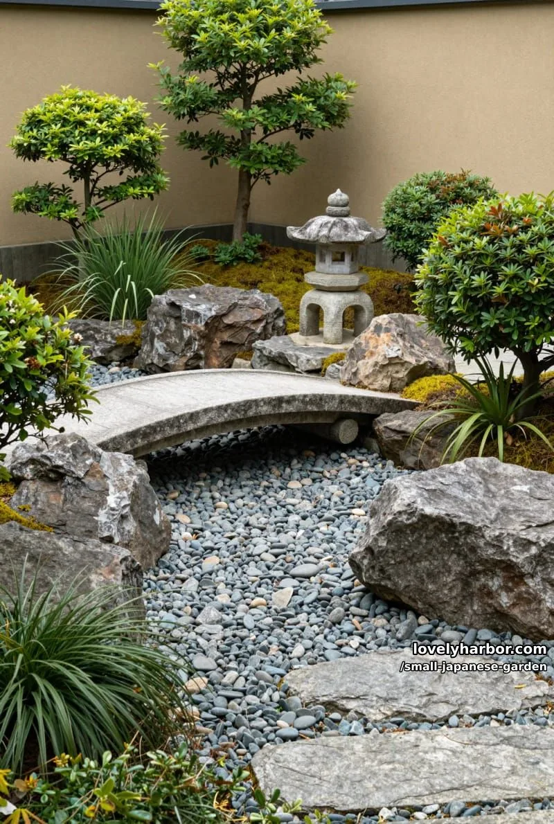 20 Small Japanese Garden Designs That Feel Like A Zen Retreat 28 japanese garden with curved stone bridge, dry stream, and beige wall 1