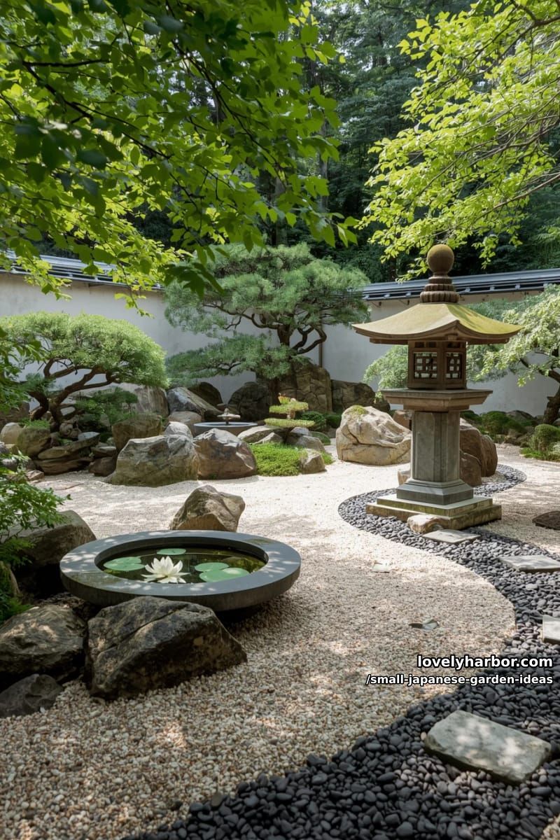 japanese garden with trees, lantern, water basin, rocks, gravel, and dry riverbed. 1
