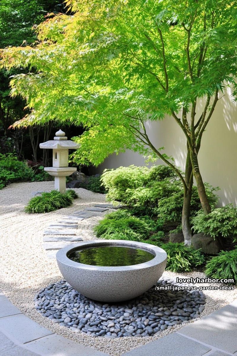 japanese garden with trees, lantern, water basin, rocks, gravel, and dry riverbed. 1