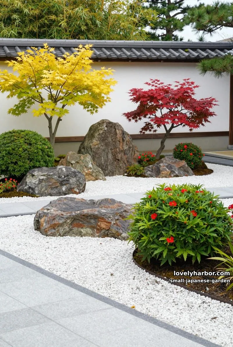 20 Small Japanese Garden Designs That Feel Like A Zen Retreat 38 japanese garden with white gravel, boulders, maple trees, and traditional wall 1