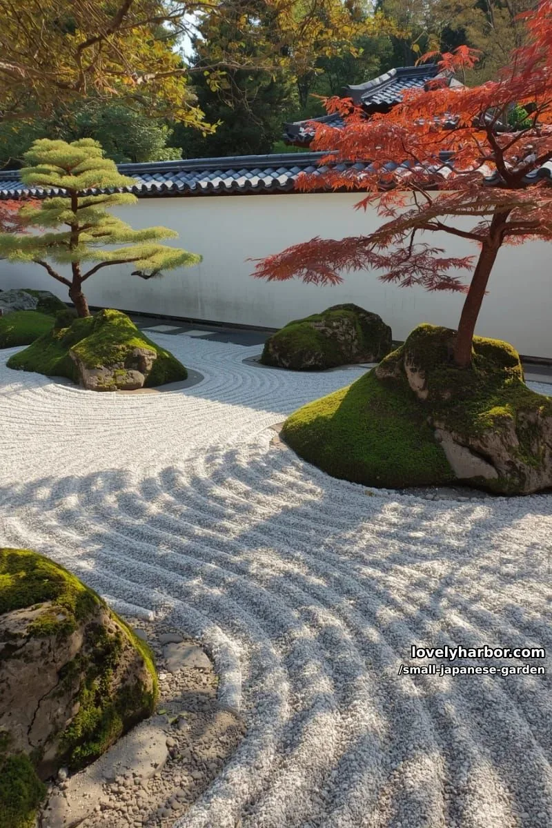 20 Small Japanese Garden Designs That Feel Like A Zen Retreat 39 japanese garden with white gravel, boulders, maple trees, and traditional wall 1