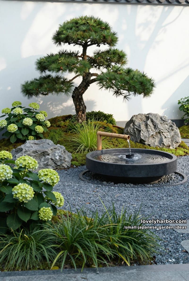 japanese-inspired garden: manicured shrubs, pine tree, stone fountain, and hydrangeas. 1