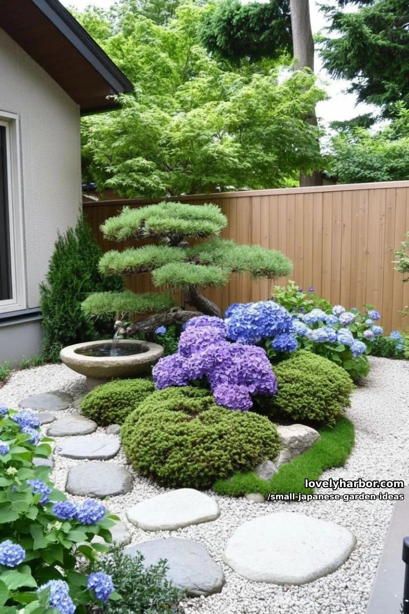 japanese-inspired garden: manicured shrubs, pine tree, stone fountain, and hydrangeas. 1