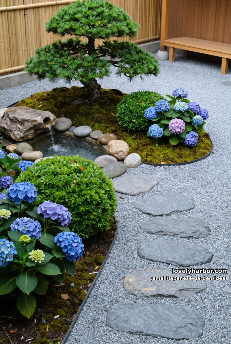 japanese-inspired garden: manicured shrubs, pine tree, stone fountain, and hydrangeas. 1