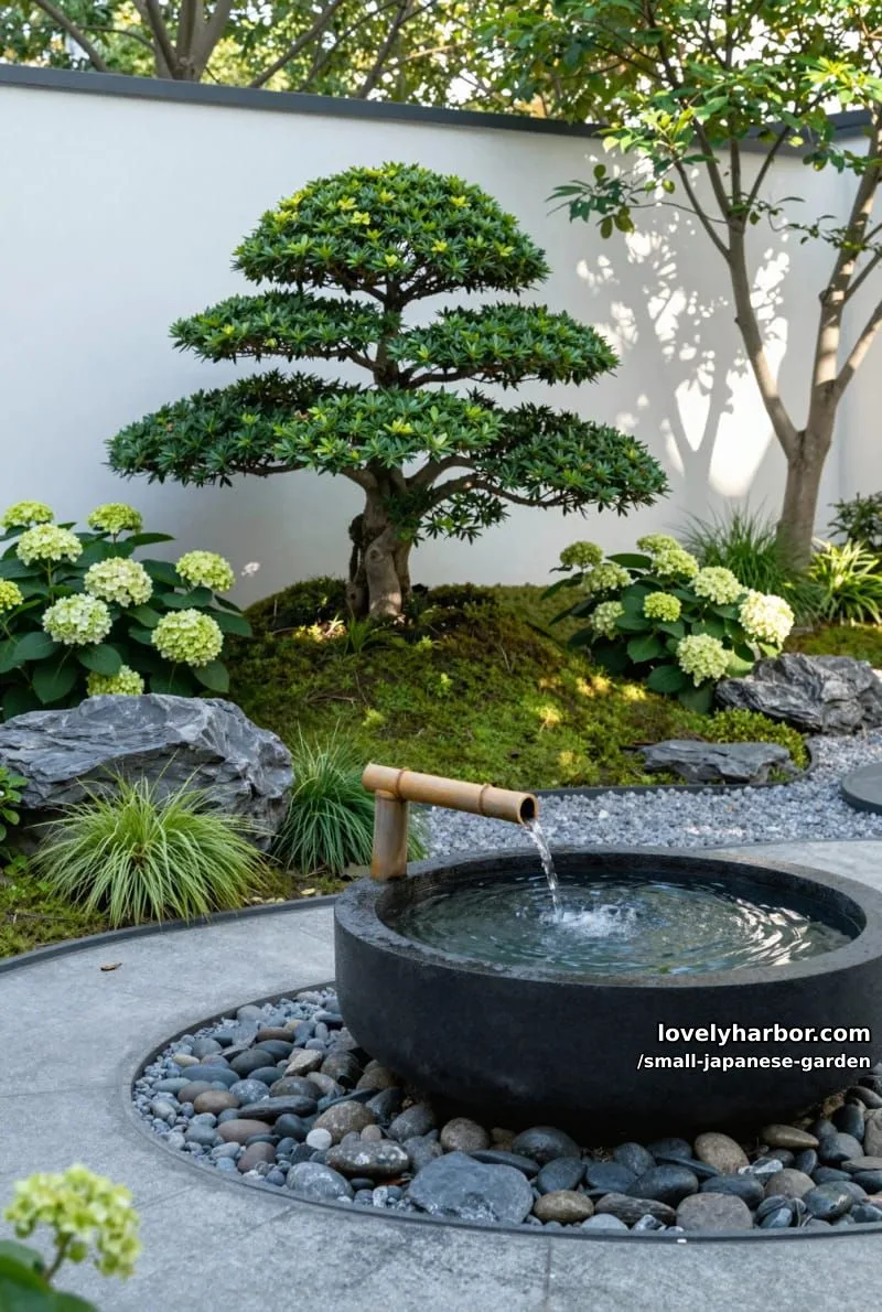 20 Small Japanese Garden Designs That Feel Like A Zen Retreat 25 japanese-inspired garden with bonsai, black stone fountain, and hydrangeas 1
