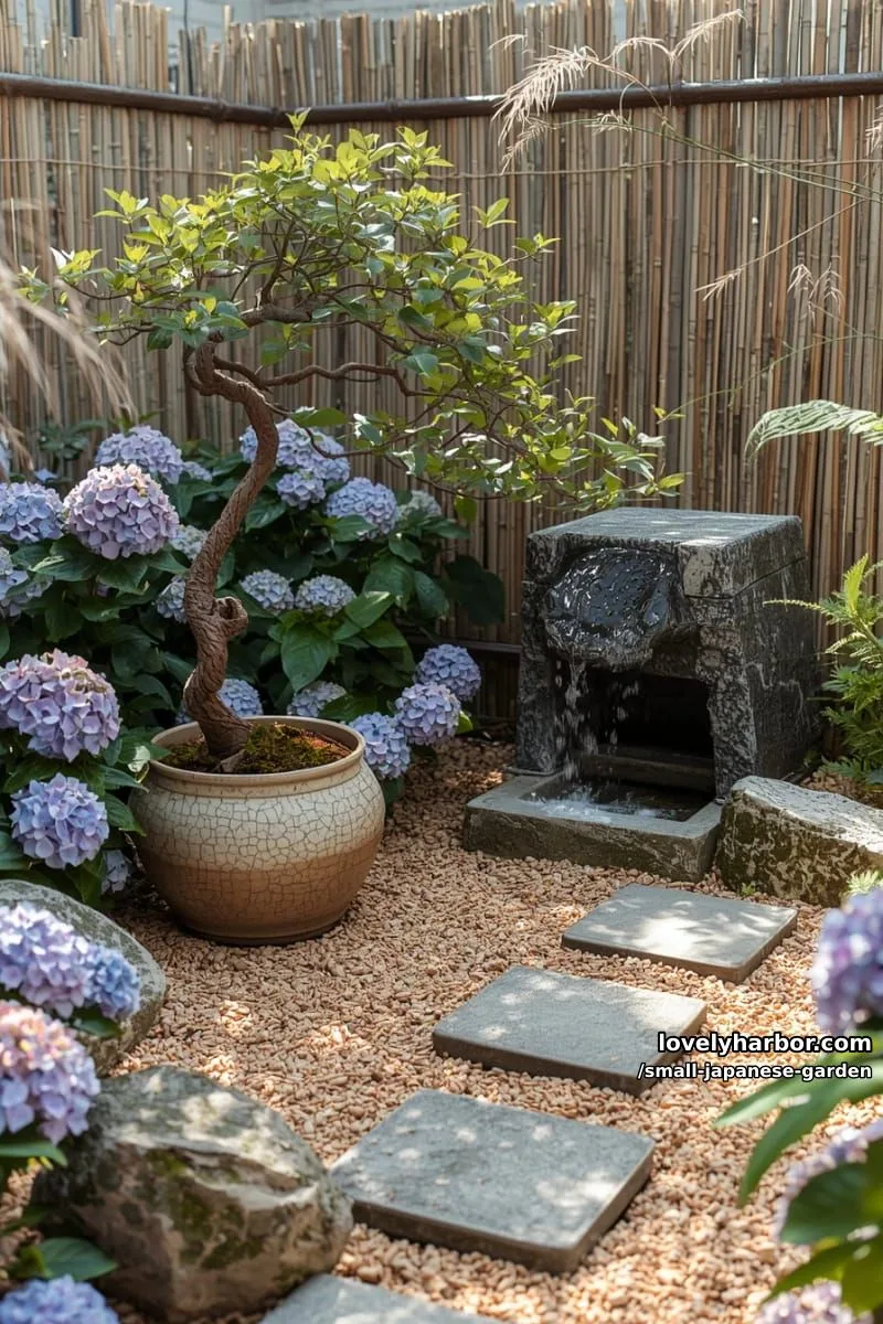 20 Small Japanese Garden Designs That Feel Like A Zen Retreat 26 japanese-inspired garden with bonsai, black stone fountain, and hydrangeas 1