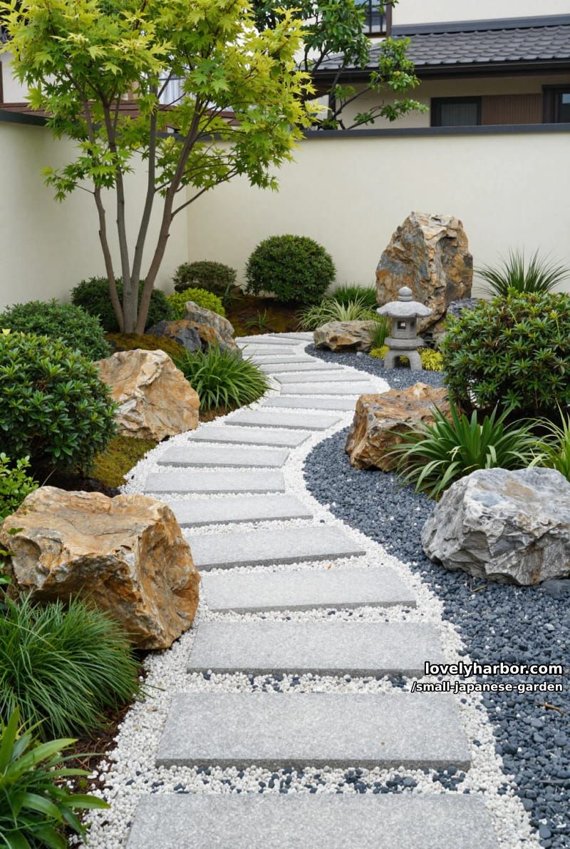 japanese-inspired garden with gravel pathway, dry riverbed, and stone lantern 1