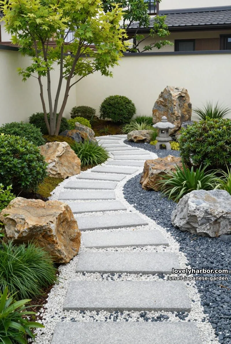 20 Small Japanese Garden Designs That Feel Like A Zen Retreat 19 japanese-inspired garden with gravel pathway, dry riverbed, and stone lantern 1