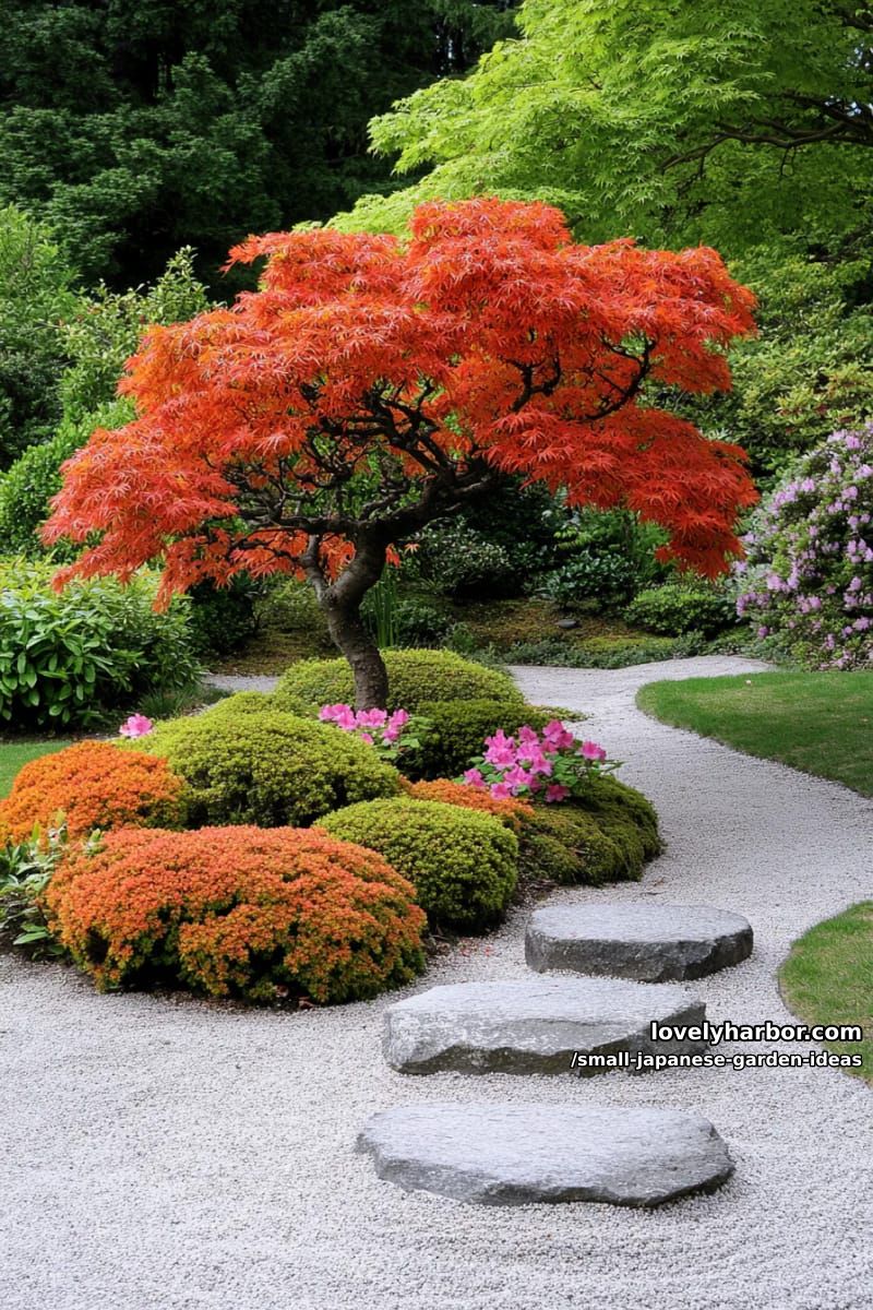 japanese maple centerpiece garden with colorful shrubs and moss-covered rocks. 1