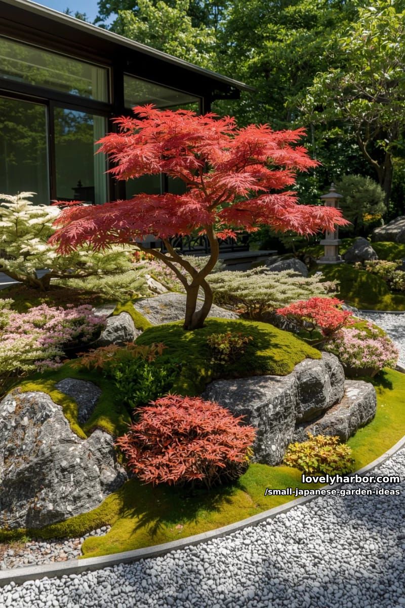 japanese maple centerpiece garden with colorful shrubs and moss-covered rocks. 1