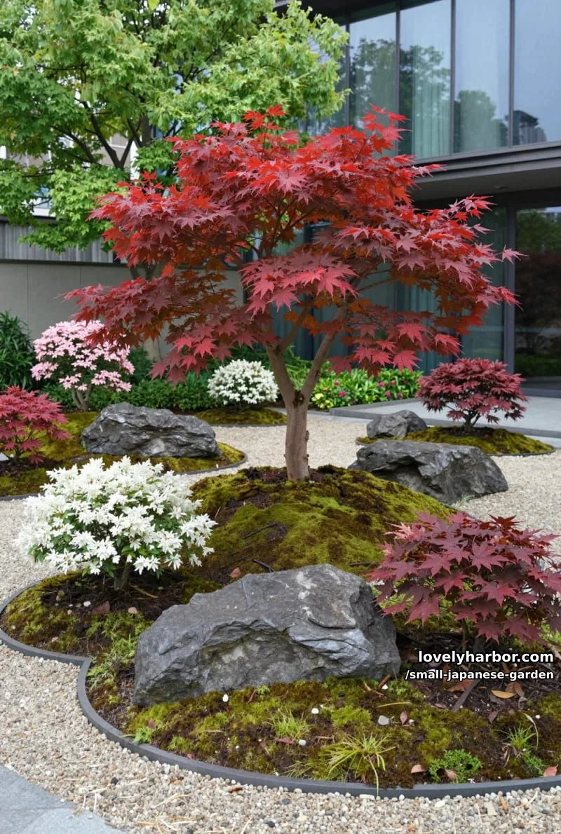 20 Small Japanese Garden Designs That Feel Like A Zen Retreat 2 japanese rock garden with maple tree, moss, and modern building backdrop 1