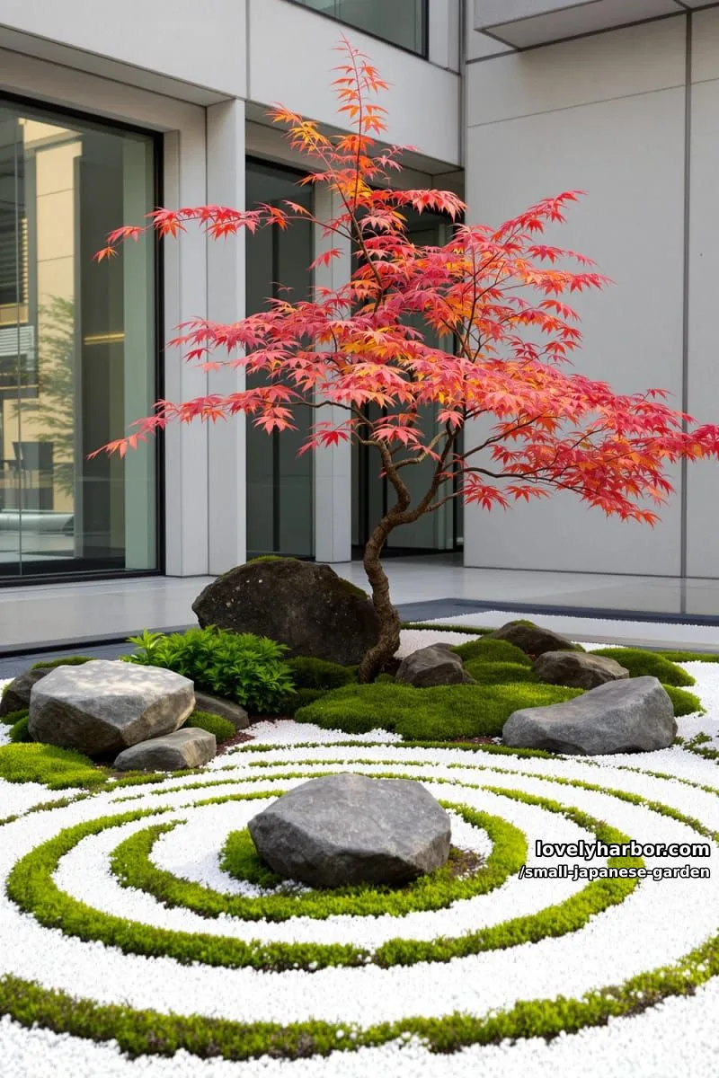 20 Small Japanese Garden Designs That Feel Like A Zen Retreat 3 japanese rock garden with maple tree, moss, and modern building backdrop 1