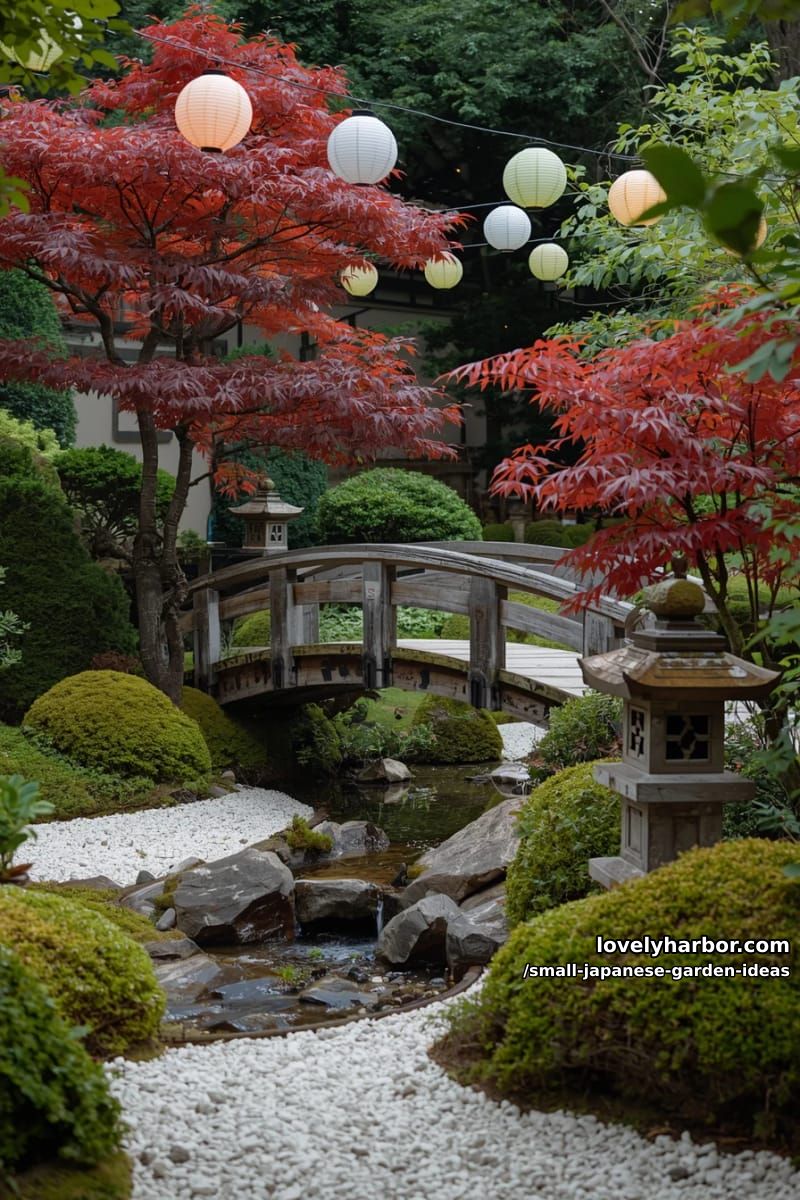 japanese-style garden with arched bridge, maple trees, lanterns, and string lights. 1
