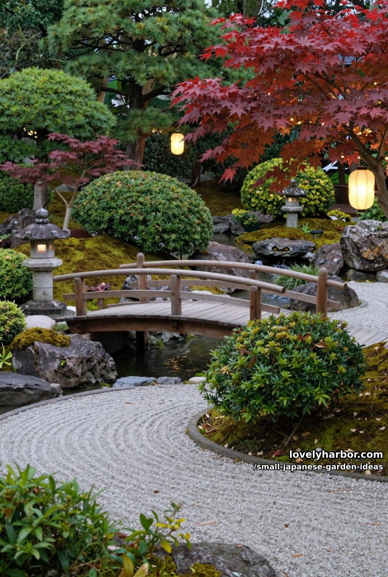 japanese-style garden with arched bridge, maple trees, lanterns, and string lights. 1