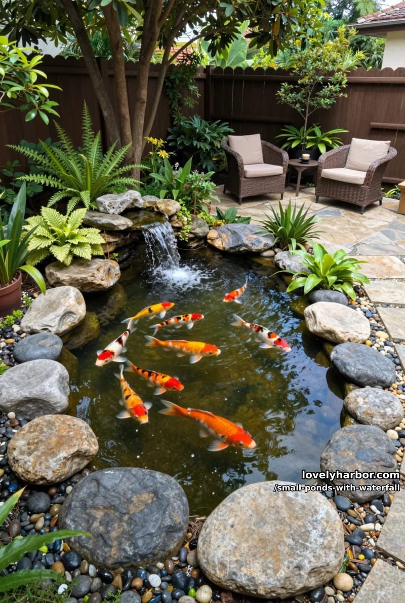 koi pond with waterfall, patio seating, and shaded by tall trees. 1