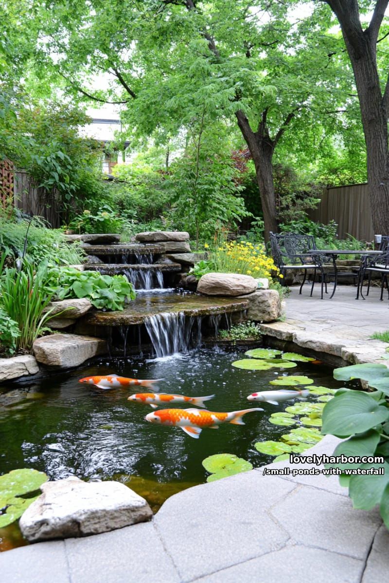 koi pond with waterfall, patio seating, and shaded by tall trees. 1