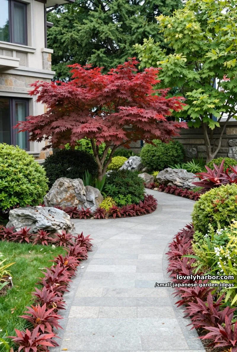 landscaped garden path: japanese maple, rocks, shrubs, curving walkway, and evergreens. 1