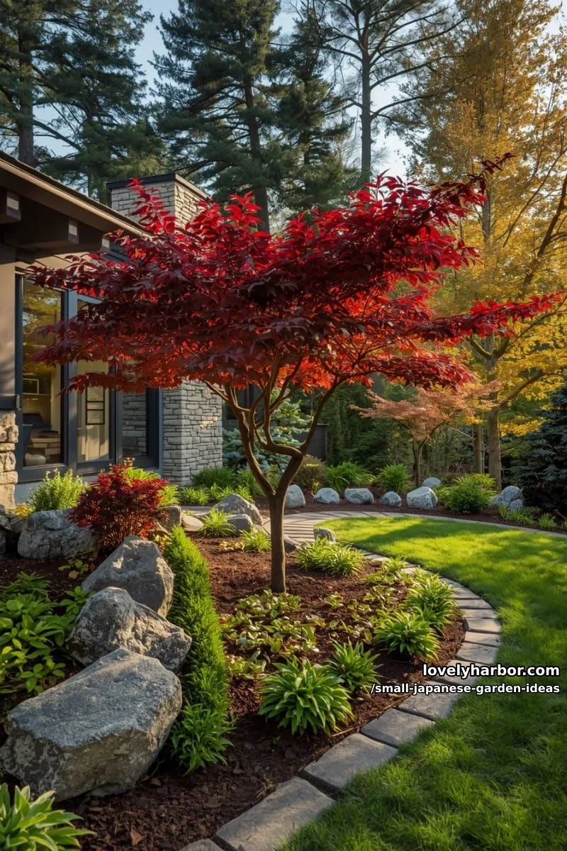 landscaped garden path: japanese maple, rocks, shrubs, curving walkway, and evergreens. 1