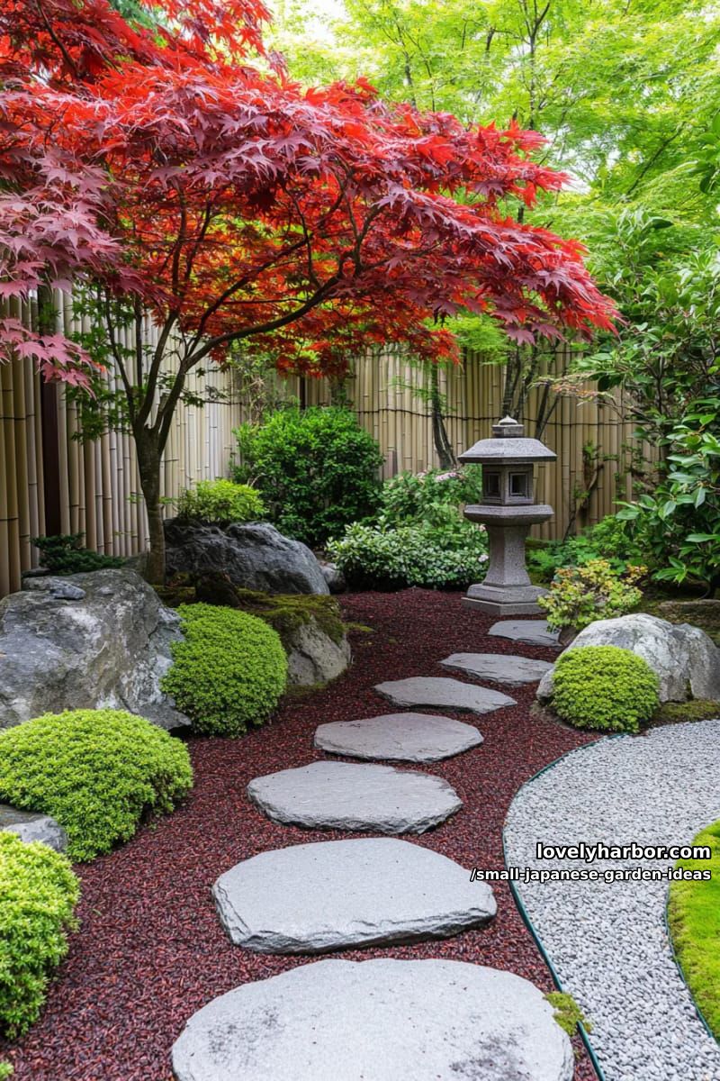 landscaped garden path: japanese maple, rocks, shrubs, curving walkway, and evergreens. 1