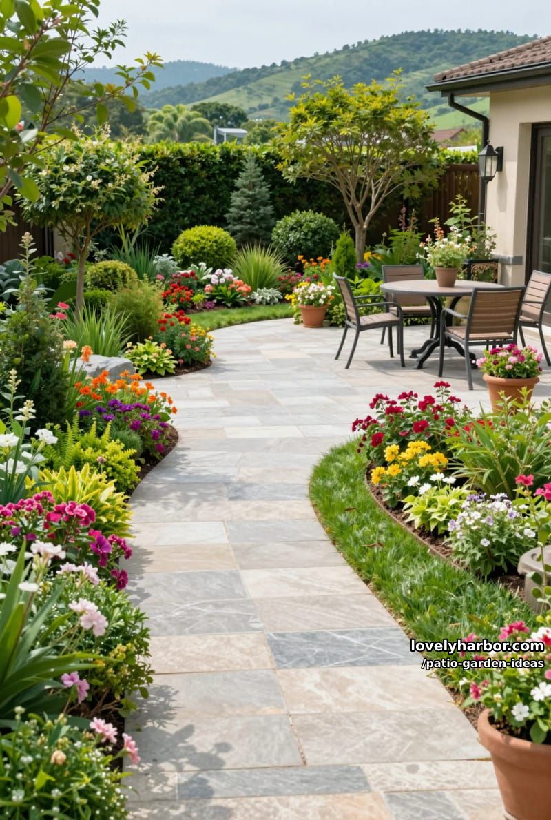 landscaped patio garden with stone walkway, lush greenery, and seating. 1