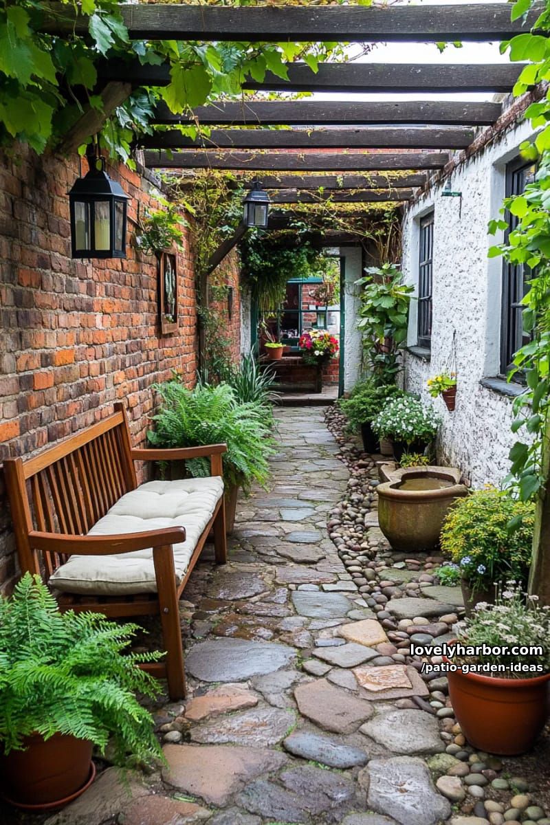 landscaped patio garden with stone walkway, lush greenery, and seating. 1