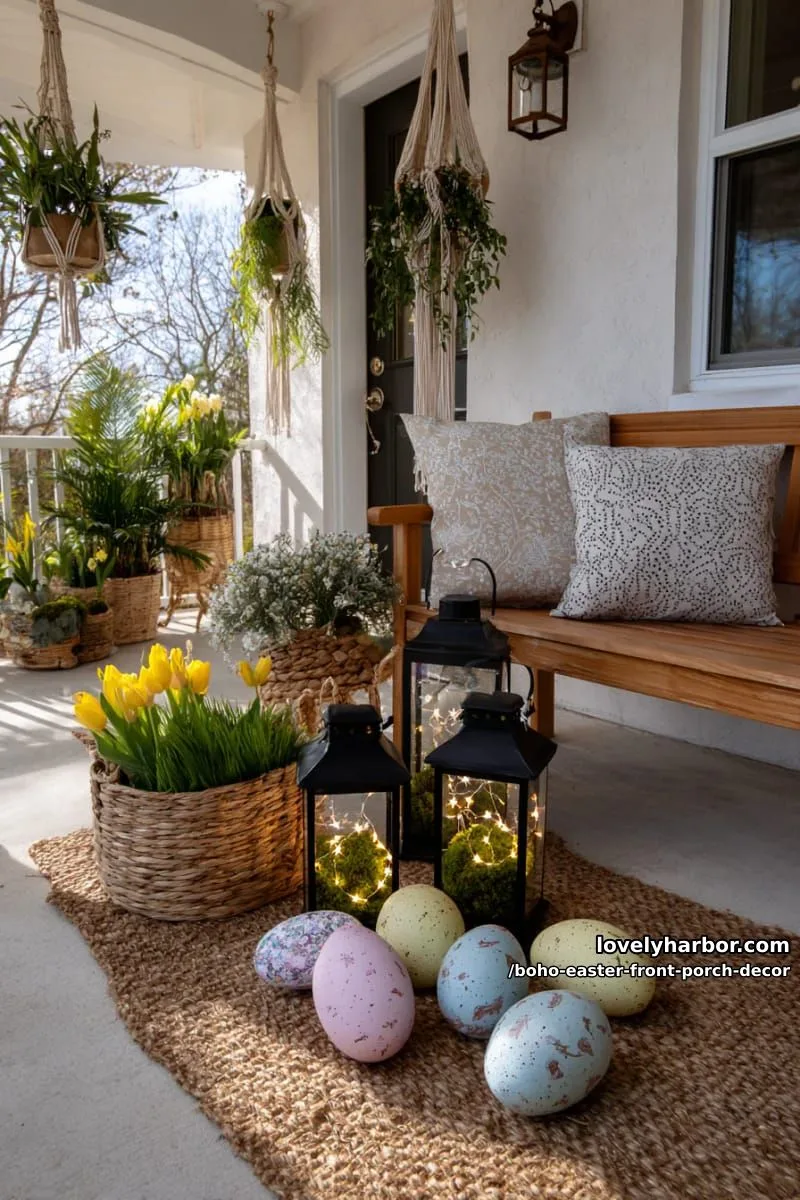 lanterns filled with moss, fairy lights, and painted wooden eggs 1