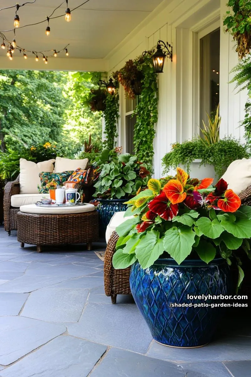 15 Dreamy Shaded Patio Garden Ideas to Inspire Your Backyard 23 large ceramic planters overflowing with coleus, begonias, and caladiums 1
